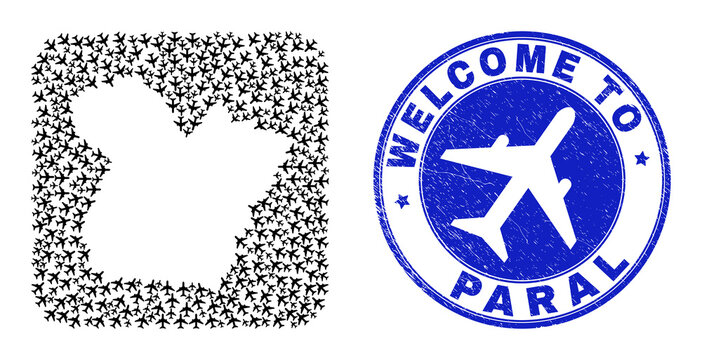 Vector collage Paral State map of airplane elements and grunge Welcome seal. Mosaic geographic Paral State map designed as carved shape from rounded square shape with aircrafts.