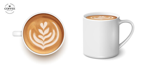 White cup of coffee latte tulip,set, 3d realistic vector style