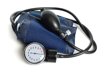 A sphygmomanometer, also known as a blood pressure monitor, or blood pressure gauge. Isolated on white background