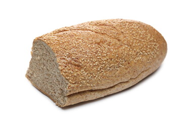 Integral wheat rye bread loaf with seeds sliced in half isolated on white background