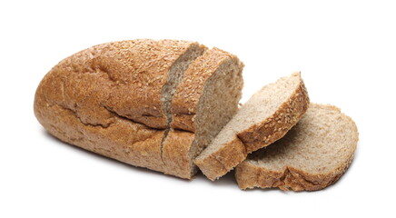 Integral wheat rye bread loaf with seeds and slices isolated on white background