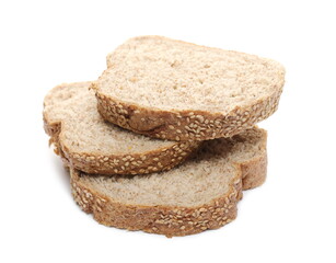 Integral wheat rye bread slices with seeds isolated on white background
