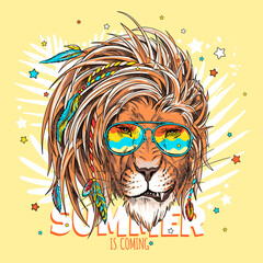 Lion hipster in sunglasses. Summer is close illustration. Stylish image for printing on any surface