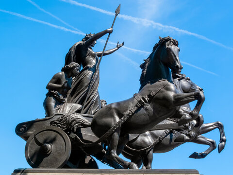 Boudicea and Her Daughters bronze monument statue erected in 1902 at the end of Westminster Bridge in London England UK, the queen was also known as Boudica or Boudicca, stock photo