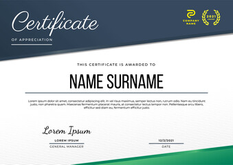 Certificate of appreciation template with deep blue and deep green gradient color, multipurpose, simple and elegant design.