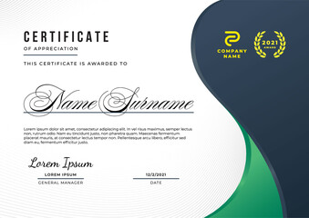 Simple and elegant certificate of appreciation template with deep blue and deep green gradient color, multipurpose design.