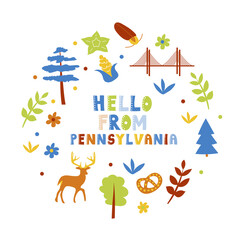 USA collection. Hello from Pennsylvania theme. State Symbols round shape card