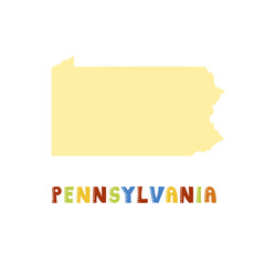 Pennsylvania map isolated. USA collection. Map of Pennsylvania - yellow silhouette. Doodling style lettering on white