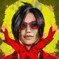 New retro style fashionable young beautiful woman in sunglasses and red gloves. Painting with a bold brush strokes style