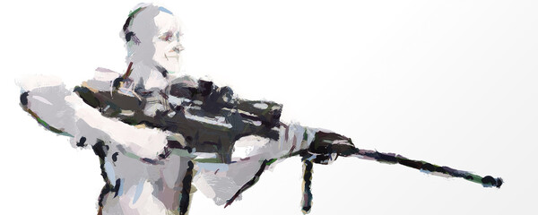 A sniper with a shaved head holds a sniper rifle and smiles. Painting with a bold brush style
