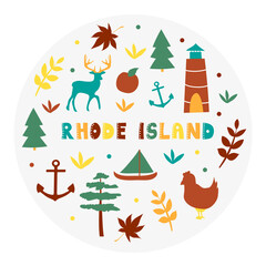 USA collection. Vector illustration of Rhode Island theme. State Symbols - round shape