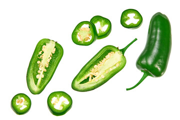 sliced jalapeno peppers isolated on white background. Green chili pepper. Capsicum annuum. top view