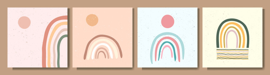 Vector illustration. Rainbow vintage abstraction. Childish style. 50s, 60s retro graphic. Sun and sky. Pastel colors. Colorful design elements for social media template, blog post, square banner. © VVadi4ka