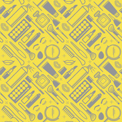 Makeup and cosmetic products vector seamless pattern. Beauty and fashion illustration. Trandy color background. Ultimate Gray and Illuminating - colors of the year 2021. Pantone 17-5104 and 13-0647. 