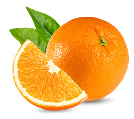 orange fruit with green leaves isolated on white background. healthy food. clipping path