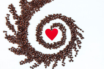 a red heart surrounded by a spiral of coffee beans