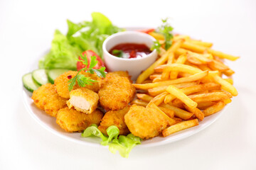 fried chicken, french fries and ketchup isolated on white background