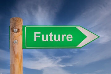 future green road sign over blue sky background. Concept road sign collection.