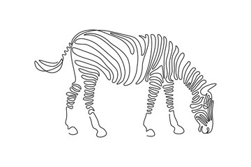 Zebra in line art drawing style. Grazing zebra black linear design isolated on white background. Vector illustration - obrazy, fototapety, plakaty