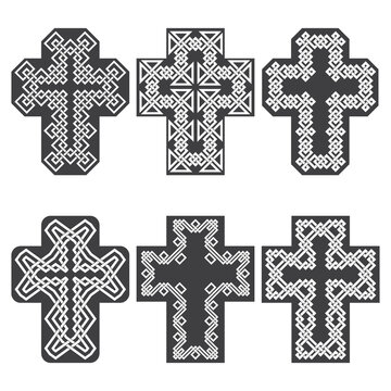 Set of six crosses in style of celtic braiding.