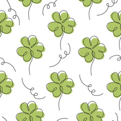 Elegant continuous line seamless pattern with clovers, design elements. Floral pattern for invitations, cards, print, gift wrap, fabric