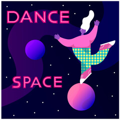 Girl in colorful bright clothes dancing in outer space, jumping from planet to planet.