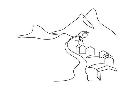 Mountain Village In Continuous Line Art Drawing Style. Landscape Of Road Going Through Country Settlement Surrounded By Mountains Minimalist Black Linear Sketch On White Background. Vector Illustratio