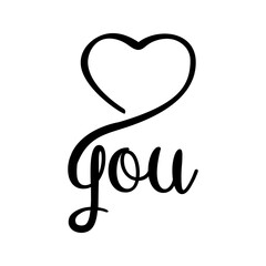 I love you. Logotipo con texto manuscrito you con corazón hecho a mano en color negro