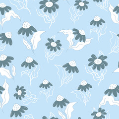 Seamless Pattern Floral Style Blue Daisies White Background Design Vector