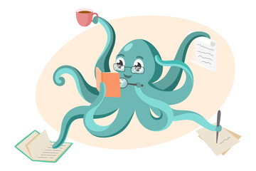 An octopus doing many things at once. Multitasking and education concept. Reading books. - obrazy, fototapety, plakaty