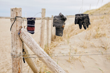 Found objects hang from a barbed wire fence at the beach.
