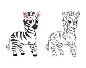 Fototapeta na wymiar Little funny zebra coloring for kids. Vector illustration in cartoon style, isolated line art