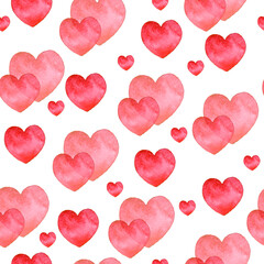 Seamless watercolor pattern with colorful hearts. Bright tints of red. Hand-painted romantic texture for Valentine's Day, packaging, wedding, birthday