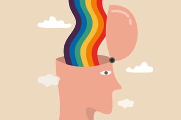 Mental state of happiness, good mood or positive thinking mind, emotional therapy or brain treatment concept, man with open head and happy rainbow wave from inside his brain around with cloud.