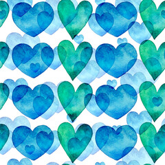 Seamless pattern with hand drawn watercolor heart. Hand painted pattern. Romantic ornament for Valentines day. Ink illustration. Isolated on white background. Blue and green heart pattern.