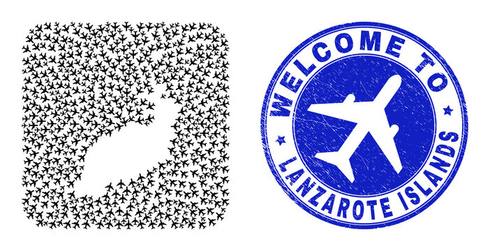 Vector collage Lanzarote Islands map of aviation elements and grunge Welcome badge. Collage geographic Lanzarote Islands map created as stencil from rounded square using aviation.