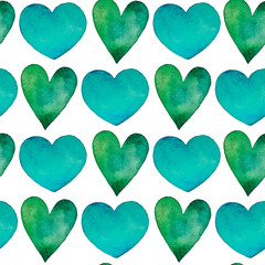 Seamless pattern with hand drawn watercolor heart. Hand painted pattern. Romantic ornament for valentines day. Ink illustration. Isolated on white background. Green heart pattern.