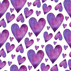 Purple watercolor hearts pattern. Happy Valentines day background. Seamless pattern. Hand drawn watercolor paper. Romantic design. 