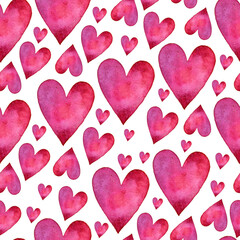 Watercolor hearts seamless pattern. Pink hearts. Love. Valentine's Day background. Watercolor drawing.