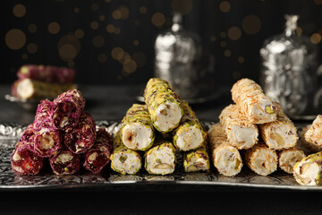 Turkish delight dessert on dark table. Traditional sweet