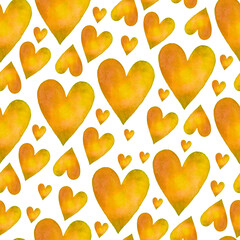 Seamless watercolor pattern with yellow colorful hearts. Hand-painted romantic texture for Valentine's Day, packaging, wedding, birthday.