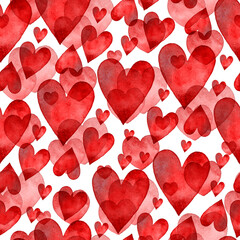 Seamless watercolor pattern with colorful hearts. Bright tints of red. Hand-painted romantic texture for Valentine's Day, packaging, wedding, birthday