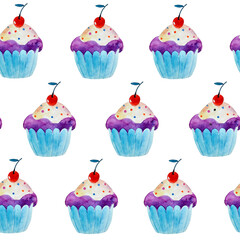 Seamless pattern with hand painted watercolor sweet cupcake and cherry. Watercolor background with colorful cakes and cherry. Print, package design, wrapping, textile.