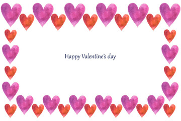 Frame made of watercolor red and pink hearts on a white background. Use for valentines day, wedding invitations, birthdays, menus and decorations.