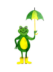 Watercolor cartoon cute green frog in yellow rubber boots standing under umbrella isolated on a white