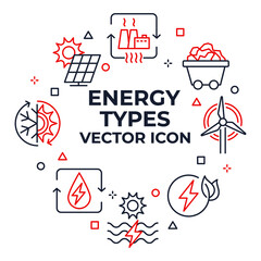 Set of Energy Types icon. Hydroelectric Power Station, Solar Cells and more. Energy Types pack symbol template for graphic and web design collection logo vector illustration