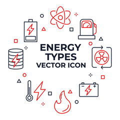 Set of Energy Types icon. Hydroelectric Power Station, Solar Cells and more. Energy Types pack symbol template for graphic and web design collection logo vector illustration