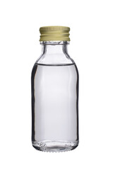 Glass bottle with a medical product, closed with a metal lid. Isolated on a white background