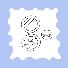 Cute hand drawn face powder with different shades for different types of skin with a small mirror and a puff. Colorful doodle stylized illustration about beauty care and face cosmetic. Doodle isolated