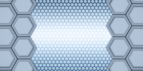 Geometric hexagon Polygon pattern Glossy hexagonal honeycomb 3D illustration Hexagonal frame Futuristic abstract background